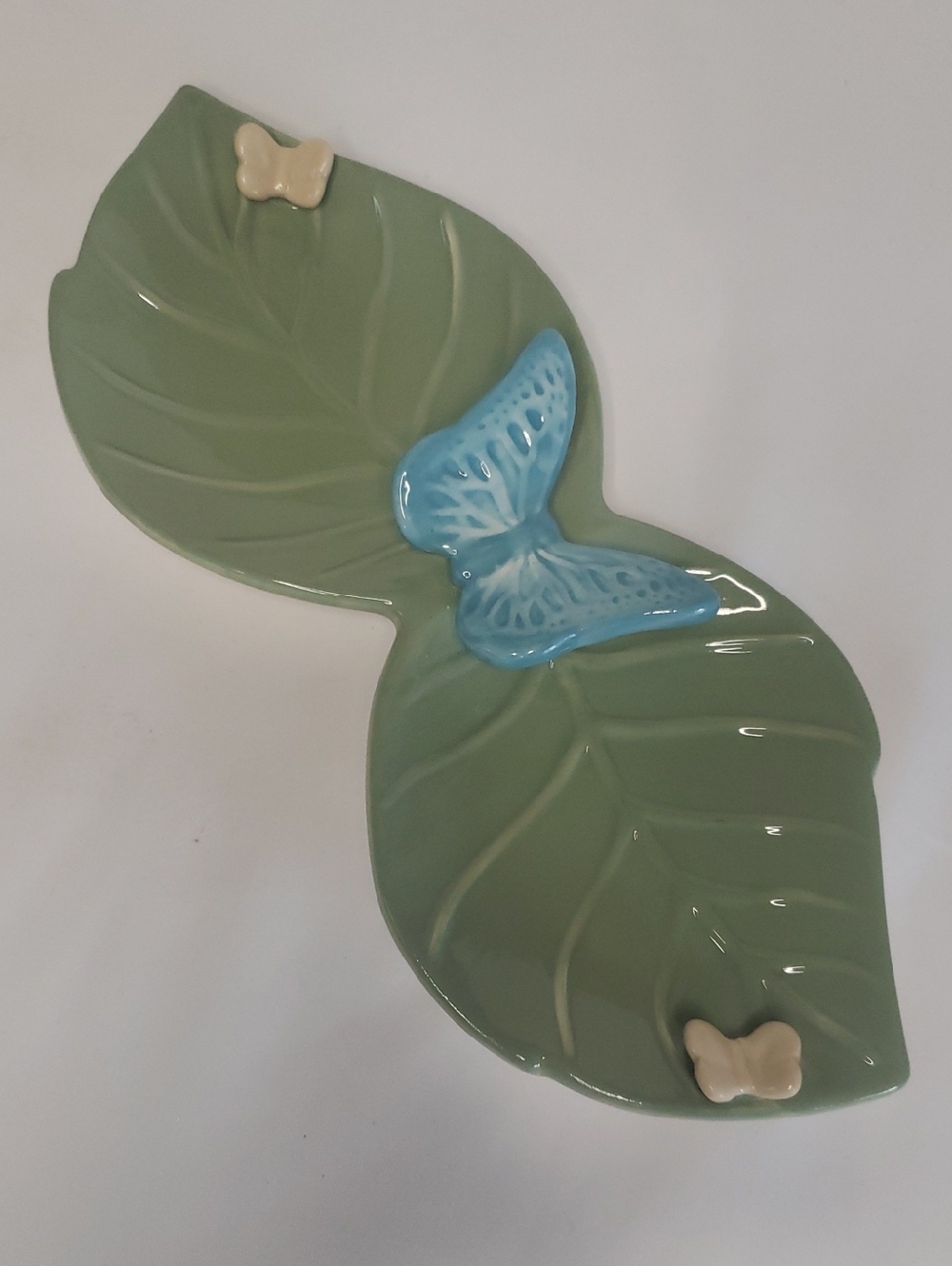 GANZ Green Leaves with Butterflies Ceramic Trinket/Candy Dish